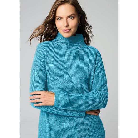 J Jill Textured Funnel Neck Sweater in Pacific Medium Waffle Knit Coastal Modest - Picture 1 of 8